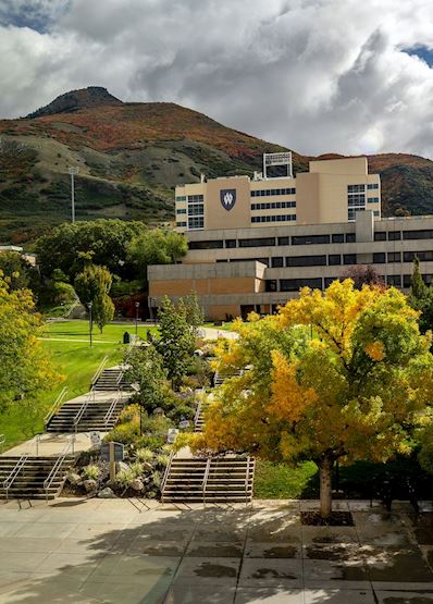 A mountainous view of campus with autumn colors  